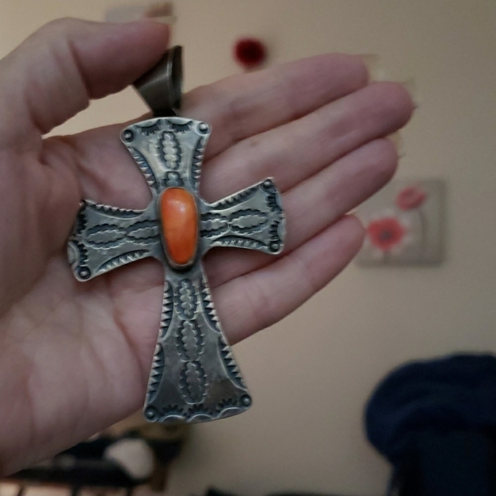 SOLD Spiny Oyster Sterling Silver 4" Cross Pendant - Picture 7 of 9